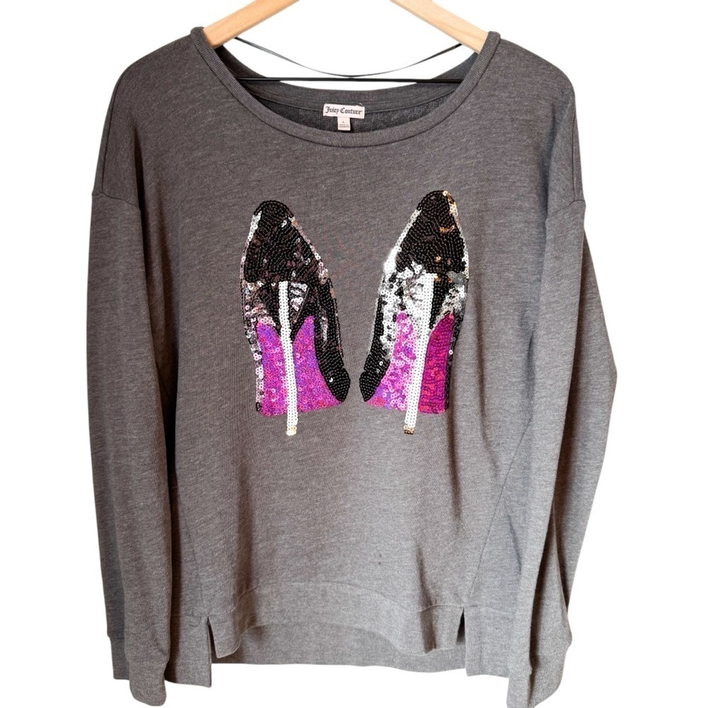 Juicy Couture Bling Gray Pullover Sweatshirt Sequin Heels Logo on Collar Sz L